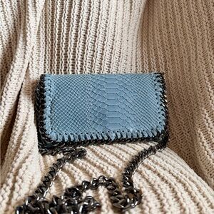 Italian Leather Light Blue Chain Trim Crossbody Made in Italy Retail $148
